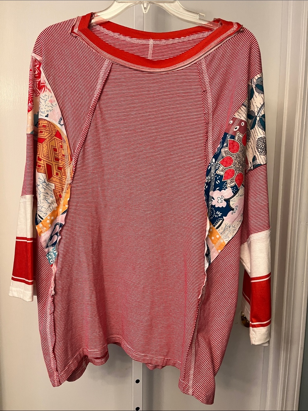 Women's Red Striped Patchwork Sleeve Pullover